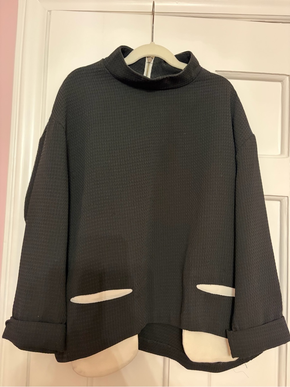 Lily J - Black Waffle-Knit Mock Neck Top with Cream Pocket Welts